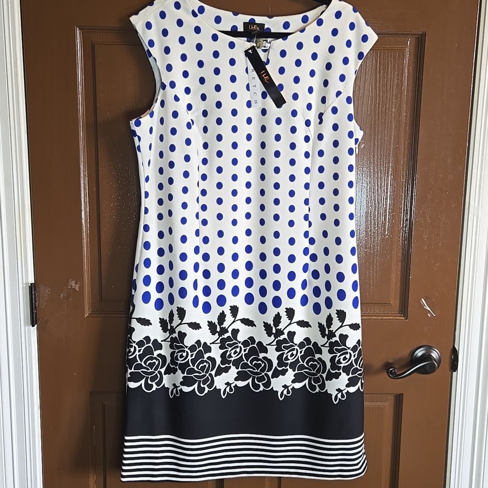 ILE -Blue/white polka dot cap sleeve sheath dress w/ blk/white bottom Sz 16 NWT.